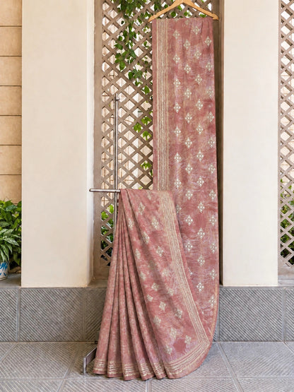 Dusty Rose Fandy Buta Saree with Silver Floral Buti Work and Elegant Border Party Wear Saree