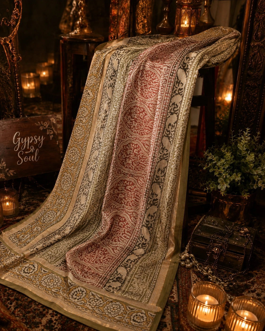 Rust Red & Beige Kota Doria Hand Block Print Saree with Floral and Paisley Borders