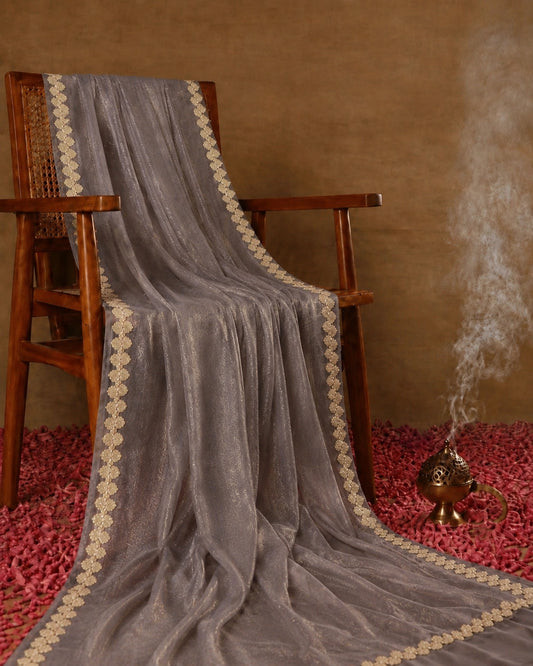 Mauve Fandy Satin Saree with Floral Lace Border Designer Party Wear Saree