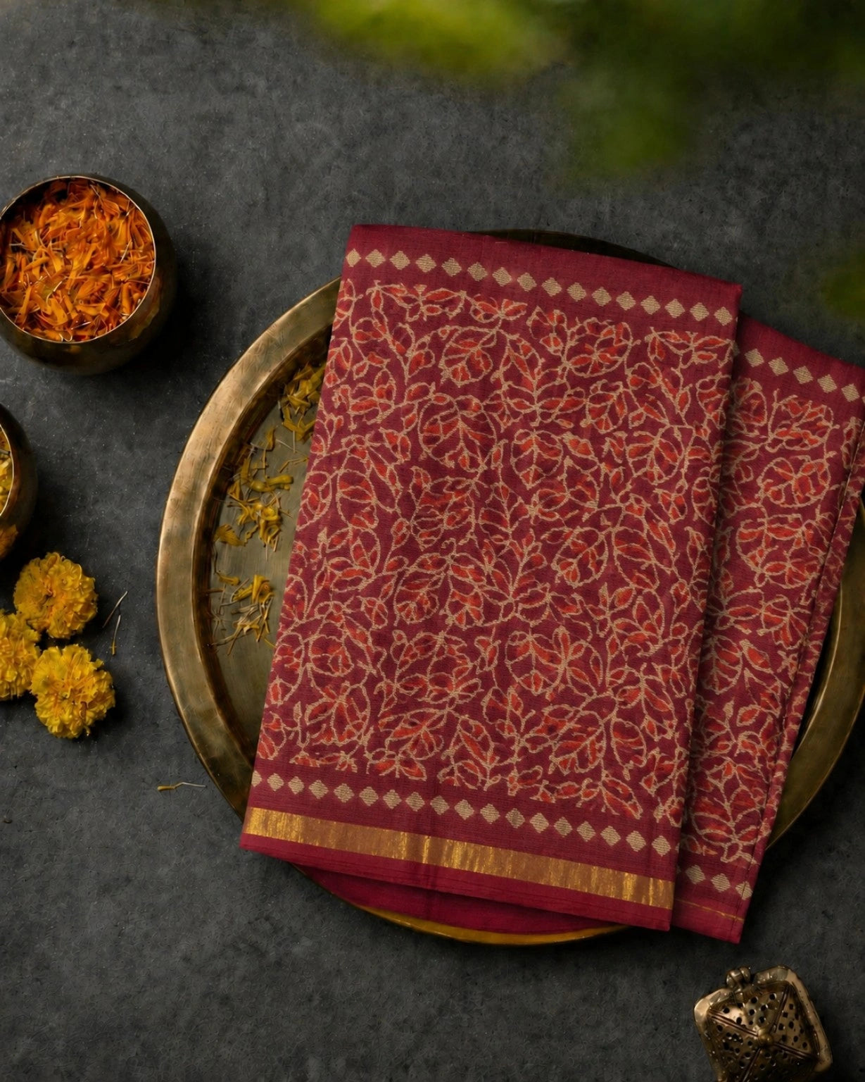 Maroon Kota Doria Hand Block Print Saree with Beige Leaf Vine Motifs & Golden Border