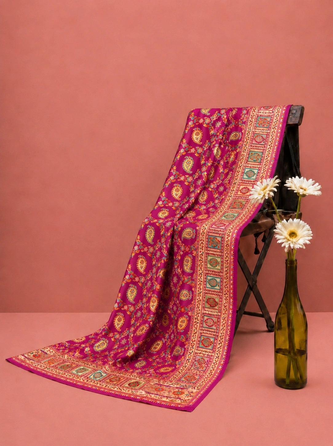 Fuchsia Pink Pure Mashru Kani Silk Saree with Paisley Motifs & Intricate Multicolor Kani Border