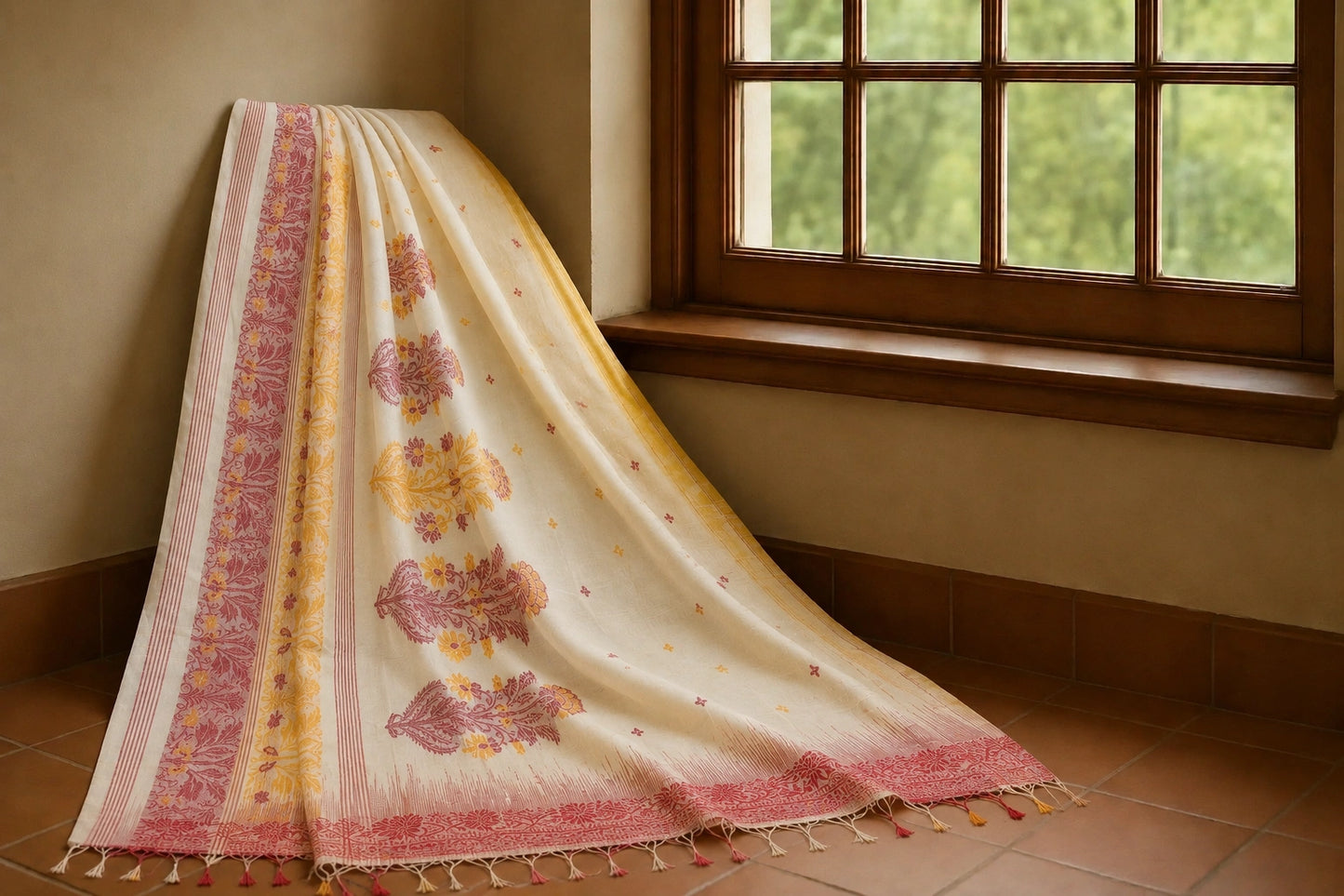 Off-White Cotton Jamdani Ganga Jamuna Border Saree with Pink & Mustard Floral Woven Motifs