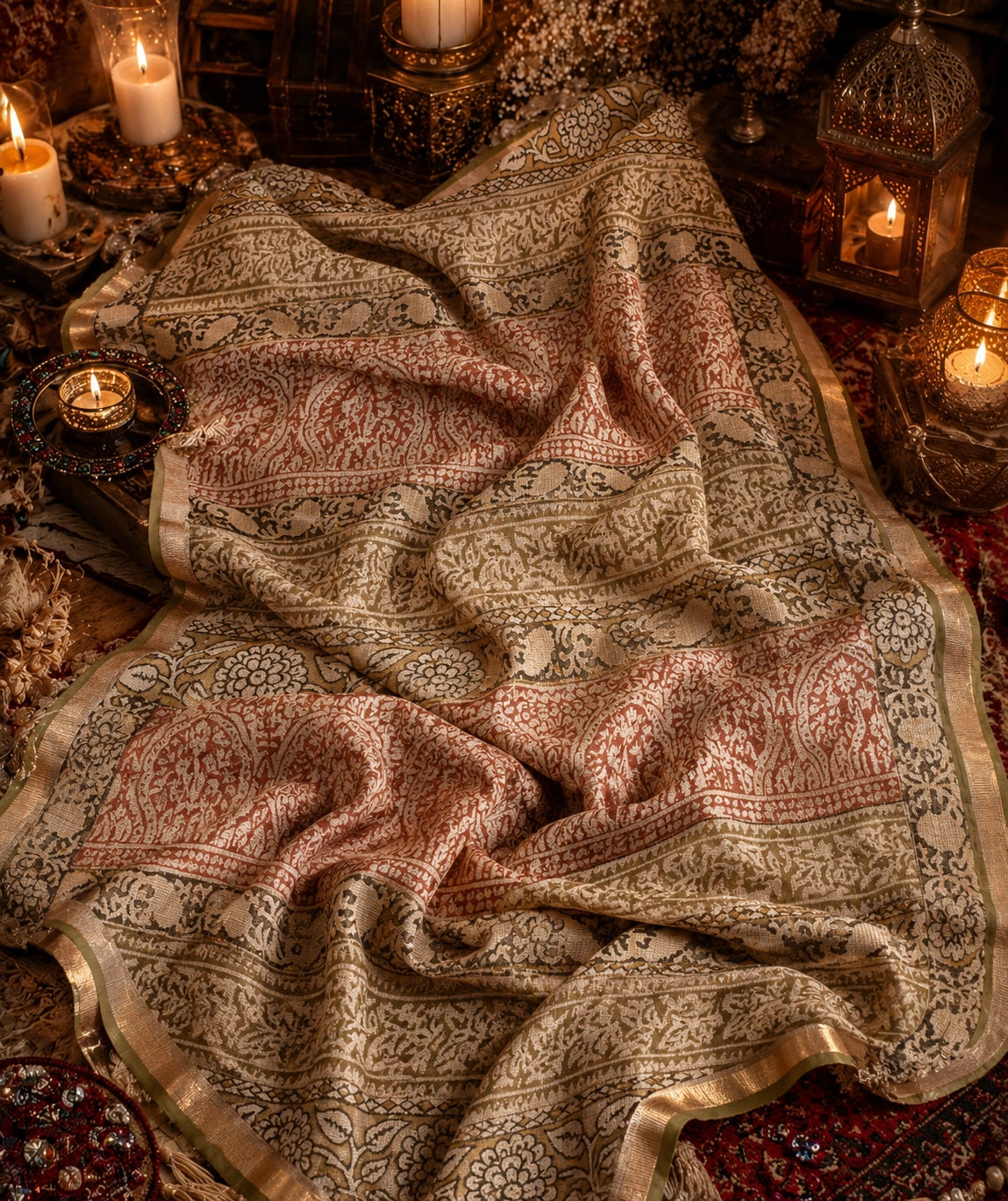 Rust Red & Beige Kota Doria Hand Block Print Saree with Floral and Paisley Borders