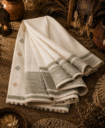 Off White Handloom Jamdani Saree with Green Woven Border & Traditional Buti Motifs