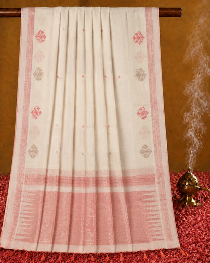 Off White Handloom Jamdani Saree with Red Woven Border & Traditional Buti Motifs