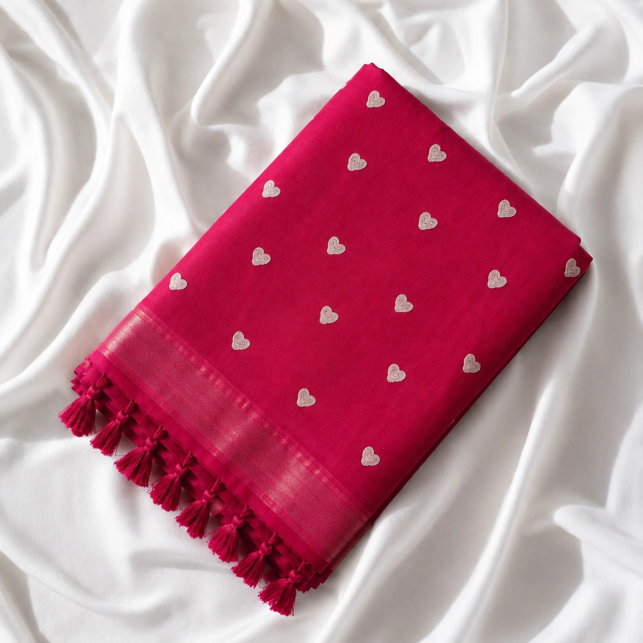 Rani Pink Mul Cotton Embroidery Saree with White Buti Motifs & Tassel Pallu