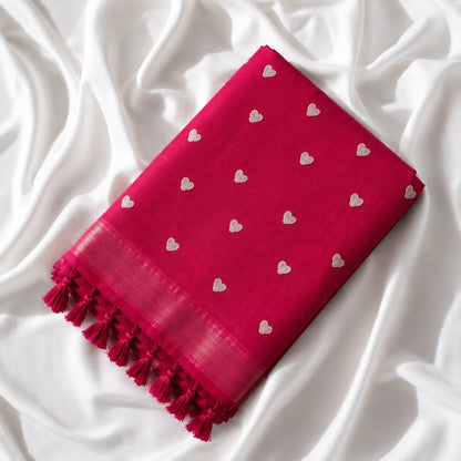 Rani Pink Mul Cotton Embroidery Saree with White Buti Motifs & Tassel Pallu