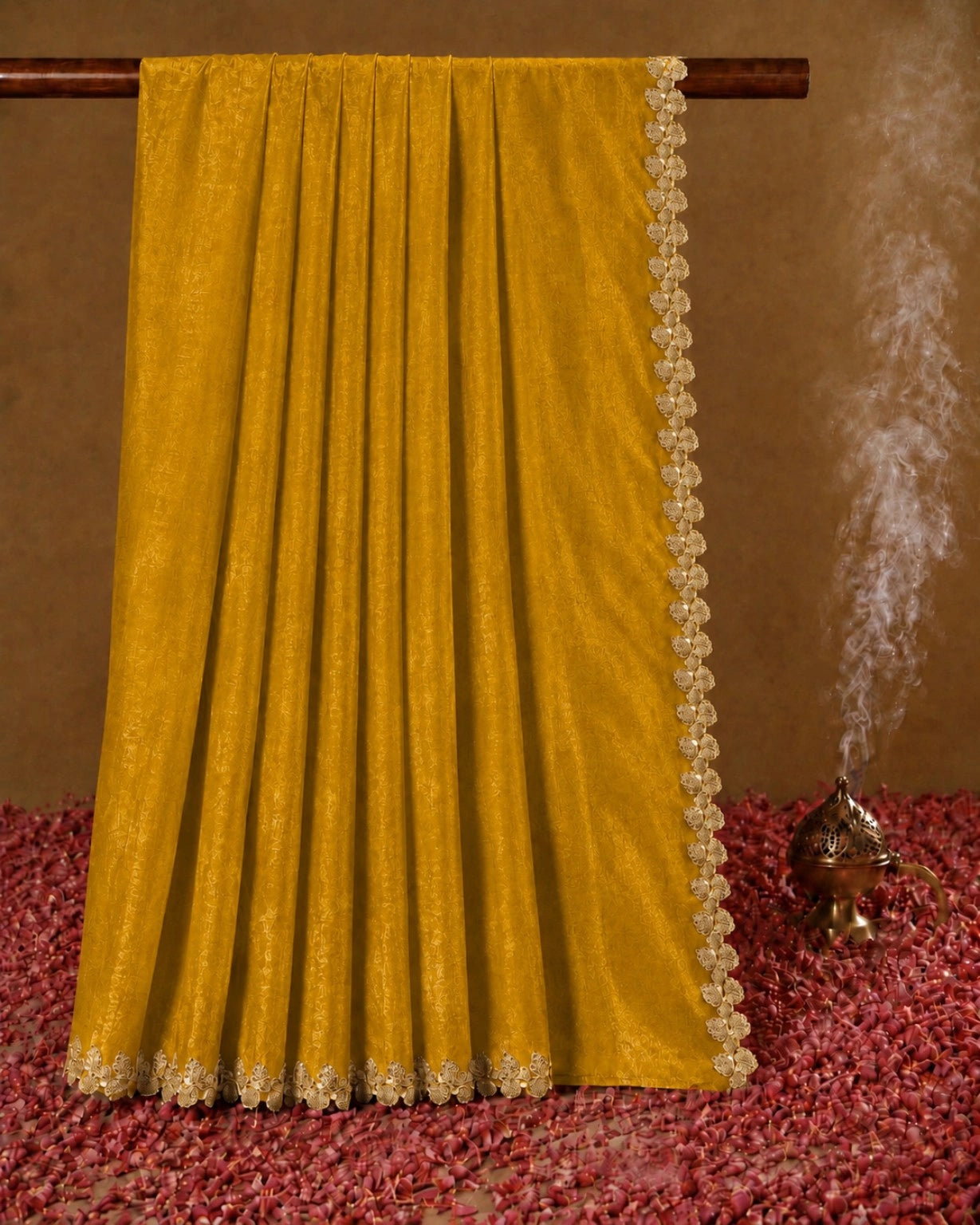 Mustard Yellow Fandy Satin Saree with Floral Lace Border Festive Party Wear Saree