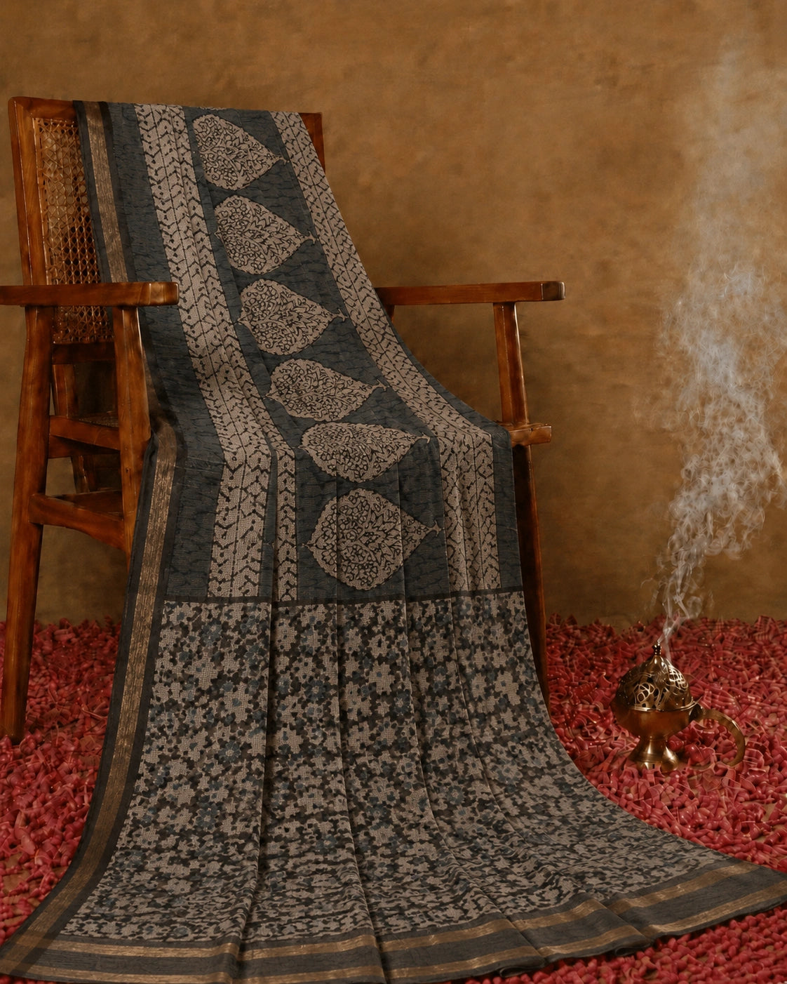 Charcoal Grey Kota Doria Hand Block Print Saree with Floral Buta Pallu & Artistic Border