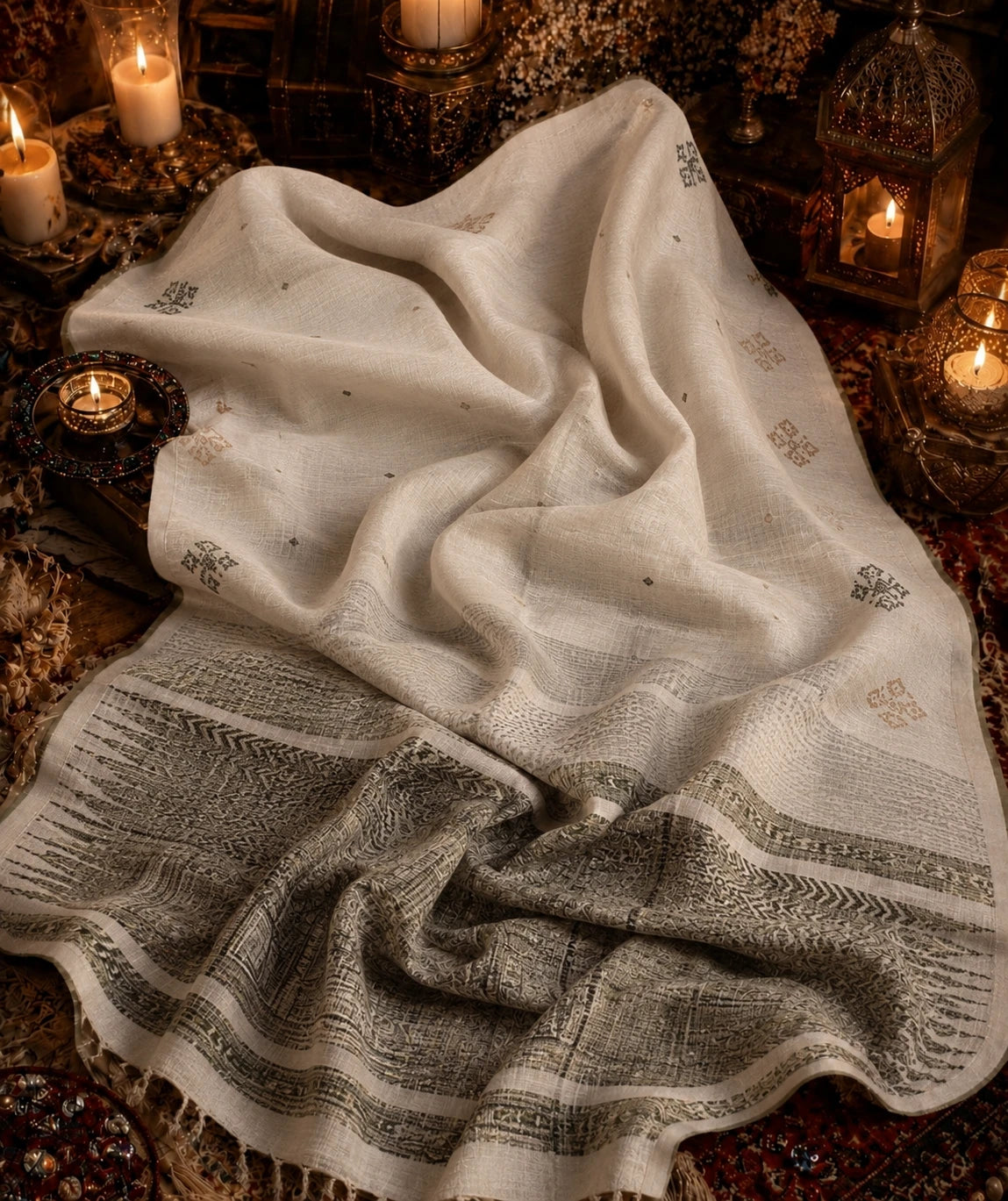 Off White Handloom Jamdani Saree with Green Woven Border & Traditional Buti Motifs