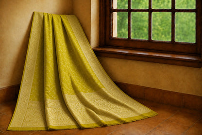 Olive Green Semi Katan Kanjivaram Silk Saree with Floral Woven Border & Elegant Traditional Design