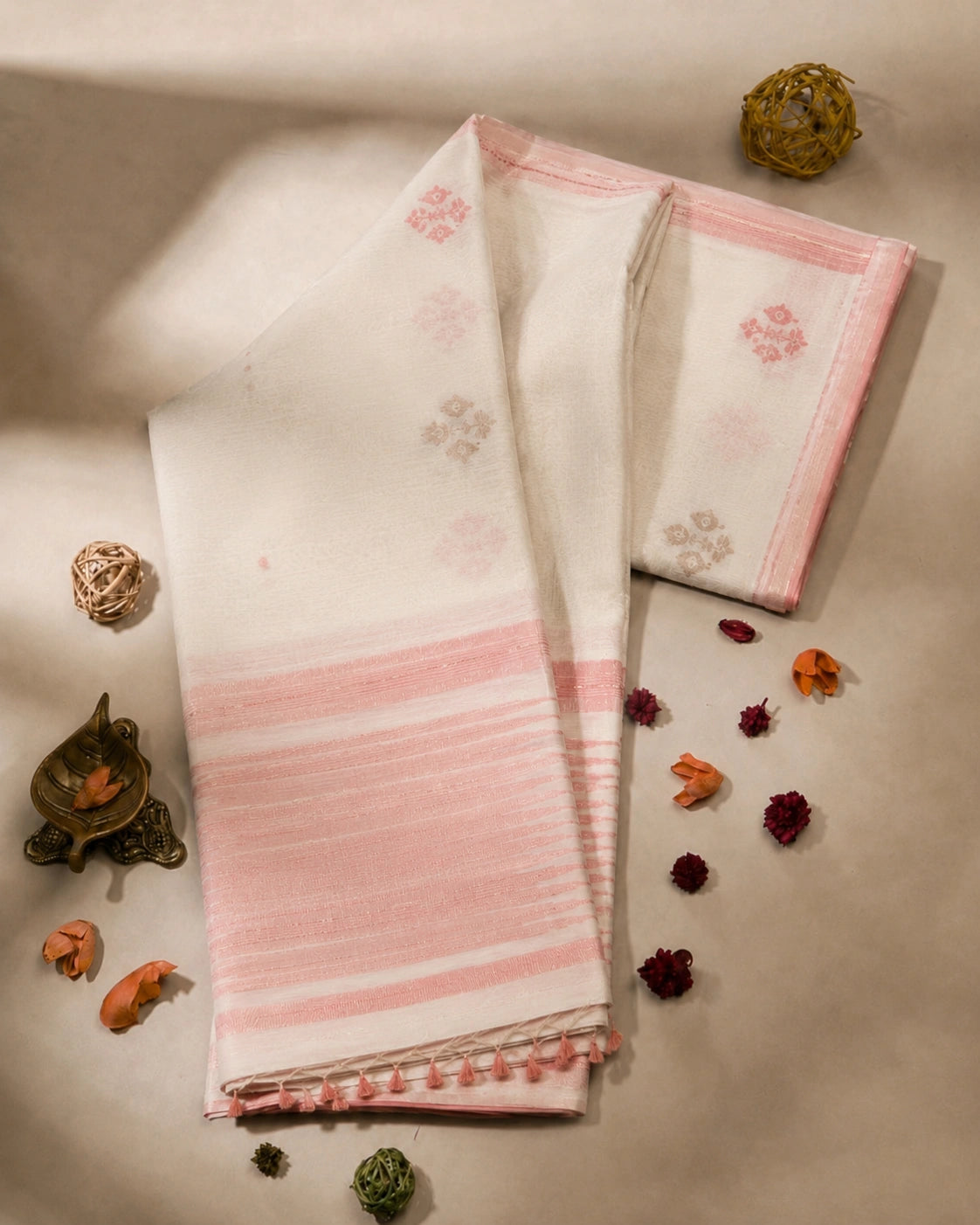Off White Handloom Jamdani Saree with Red Woven Border & Traditional Buti Motifs