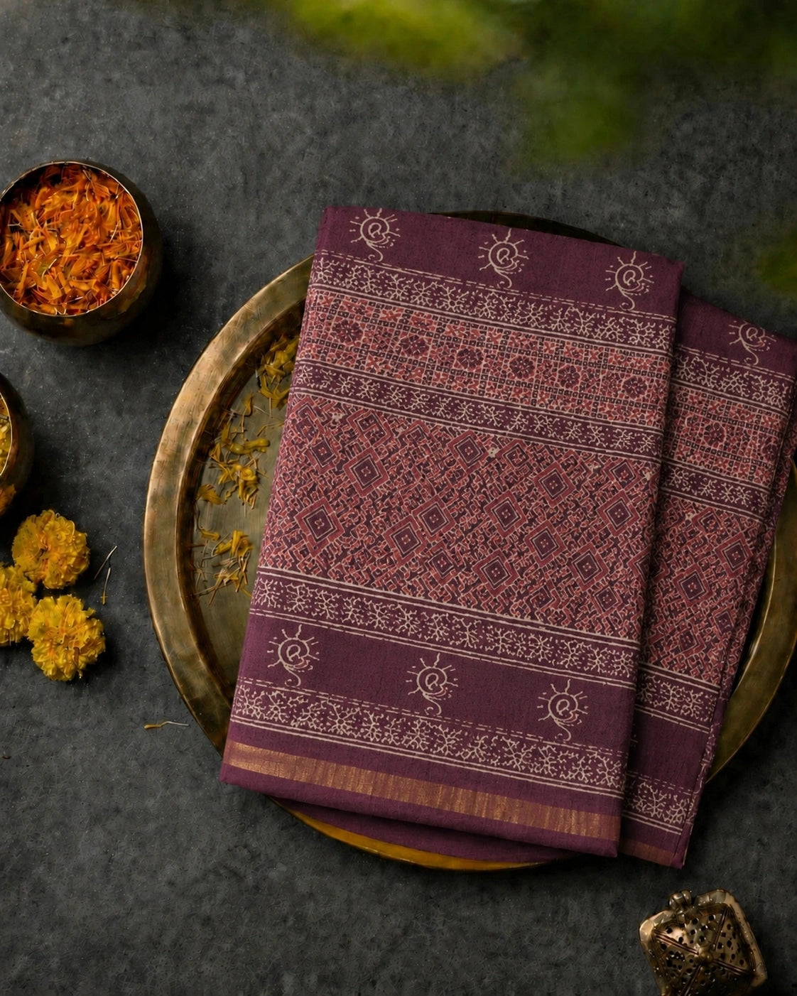 Maroon Kota Doria Hand Block Print Saree with Geometric Diamond Motifs & Traditional Borders