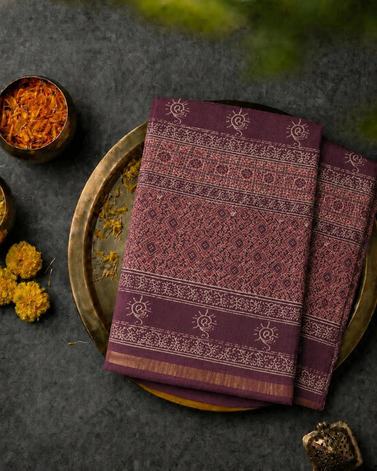 Maroon Kota Doria Hand Block Print Saree with Geometric Diamond Motifs & Traditional Borders