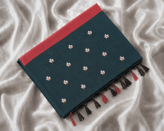 Deep Teal Cotton Handloom Saree with Floral Buti Motifs, Maroon Border & Tassel Pallu