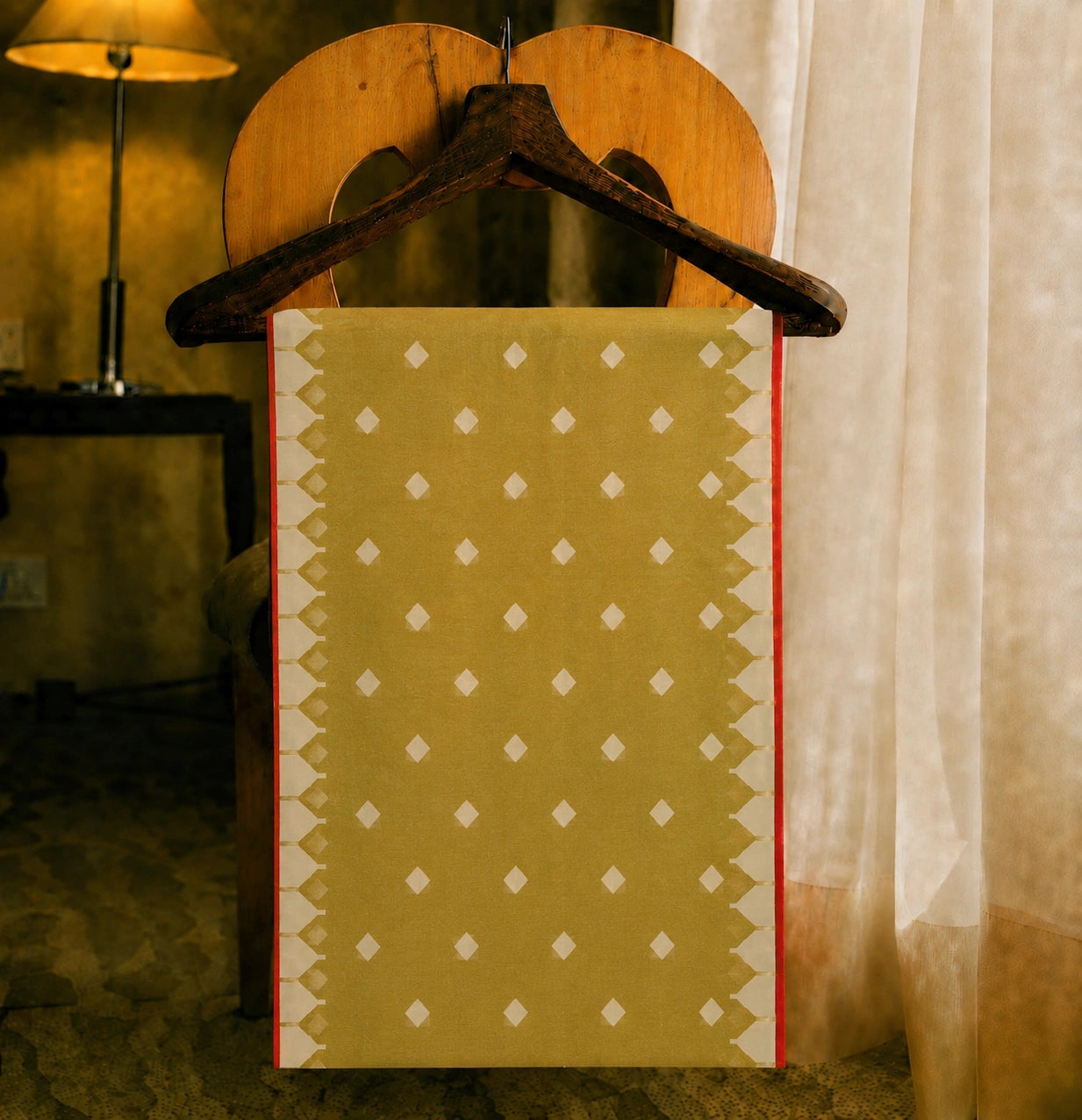 Mustard Yellow Muslin Jamdani Saree with Ivory Geometric Weave and Red Accent Border