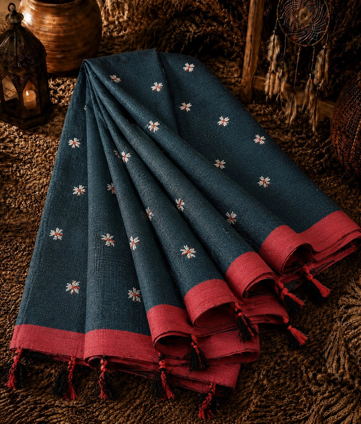 Deep Teal Cotton Handloom Saree with Floral Buti Motifs, Maroon Border & Tassel Pallu
