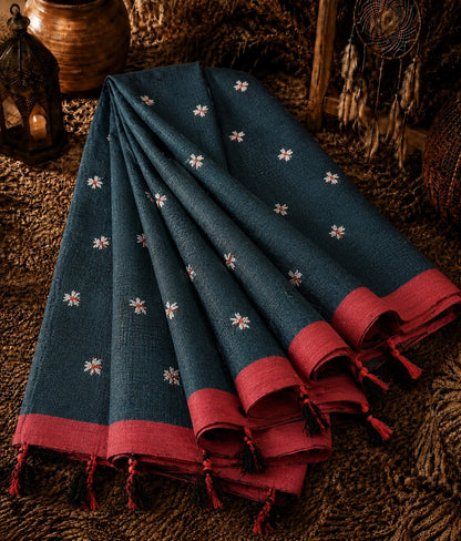 Deep Teal Cotton Handloom Saree with Floral Buti Motifs, Maroon Border & Tassel Pallu