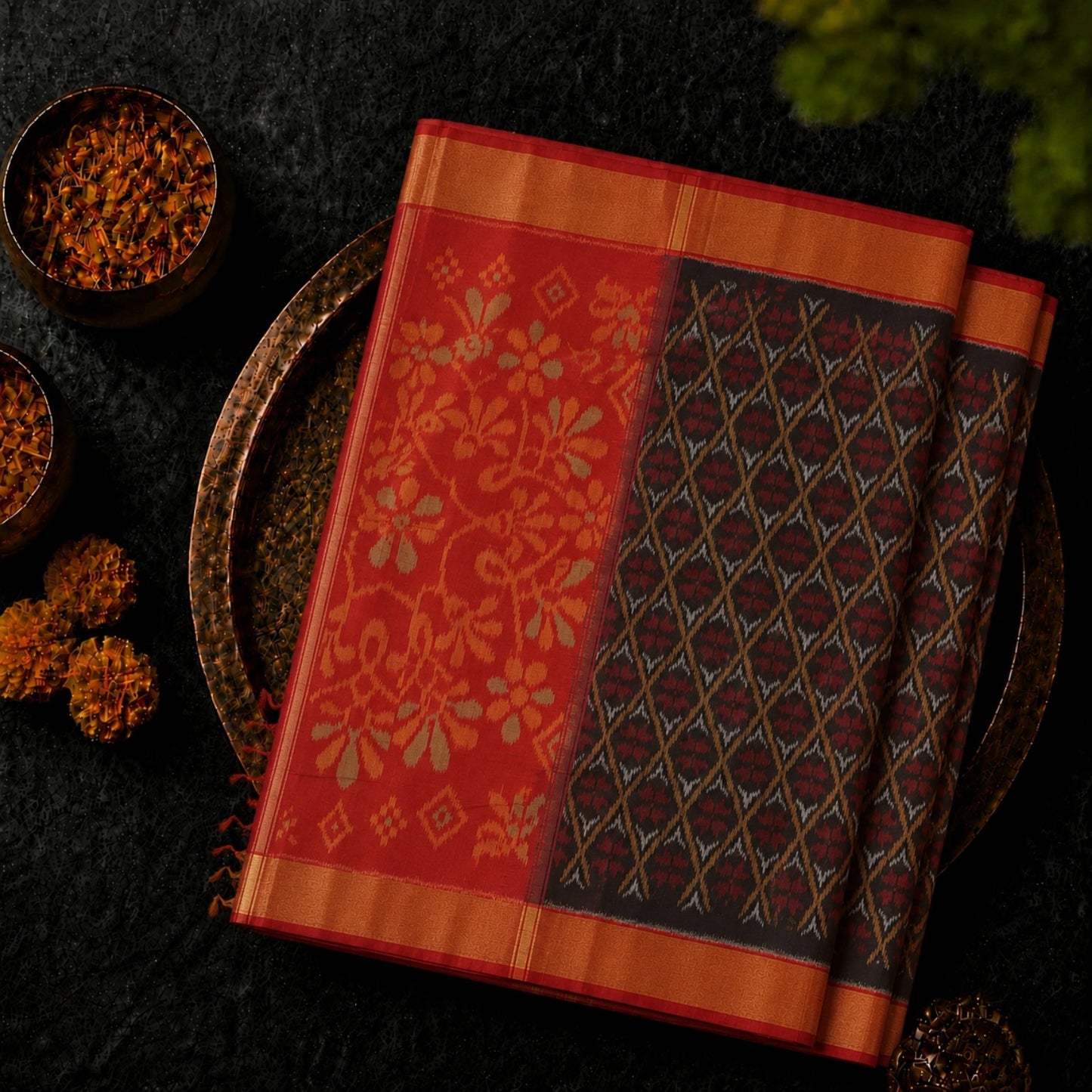 Red & Black Pure Sico Pochampally Saree with Floral Pallu and Ikat Diamond Weave