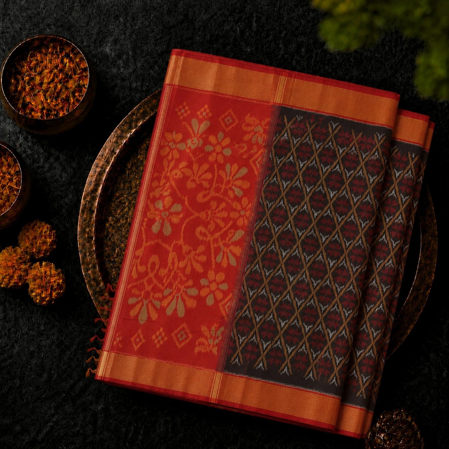 Red & Black Pure Sico Pochampally Saree with Floral Pallu and Ikat Diamond Weave