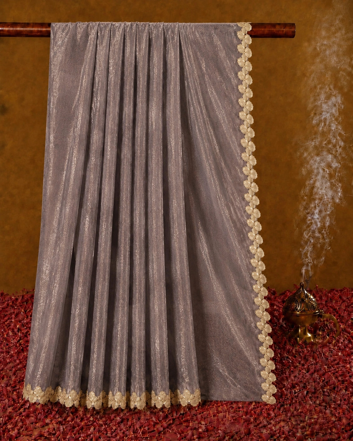 Mauve Fandy Satin Saree with Floral Lace Border Designer Party Wear Saree