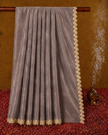Mauve Fandy Satin Saree with Floral Lace Border Designer Party Wear Saree