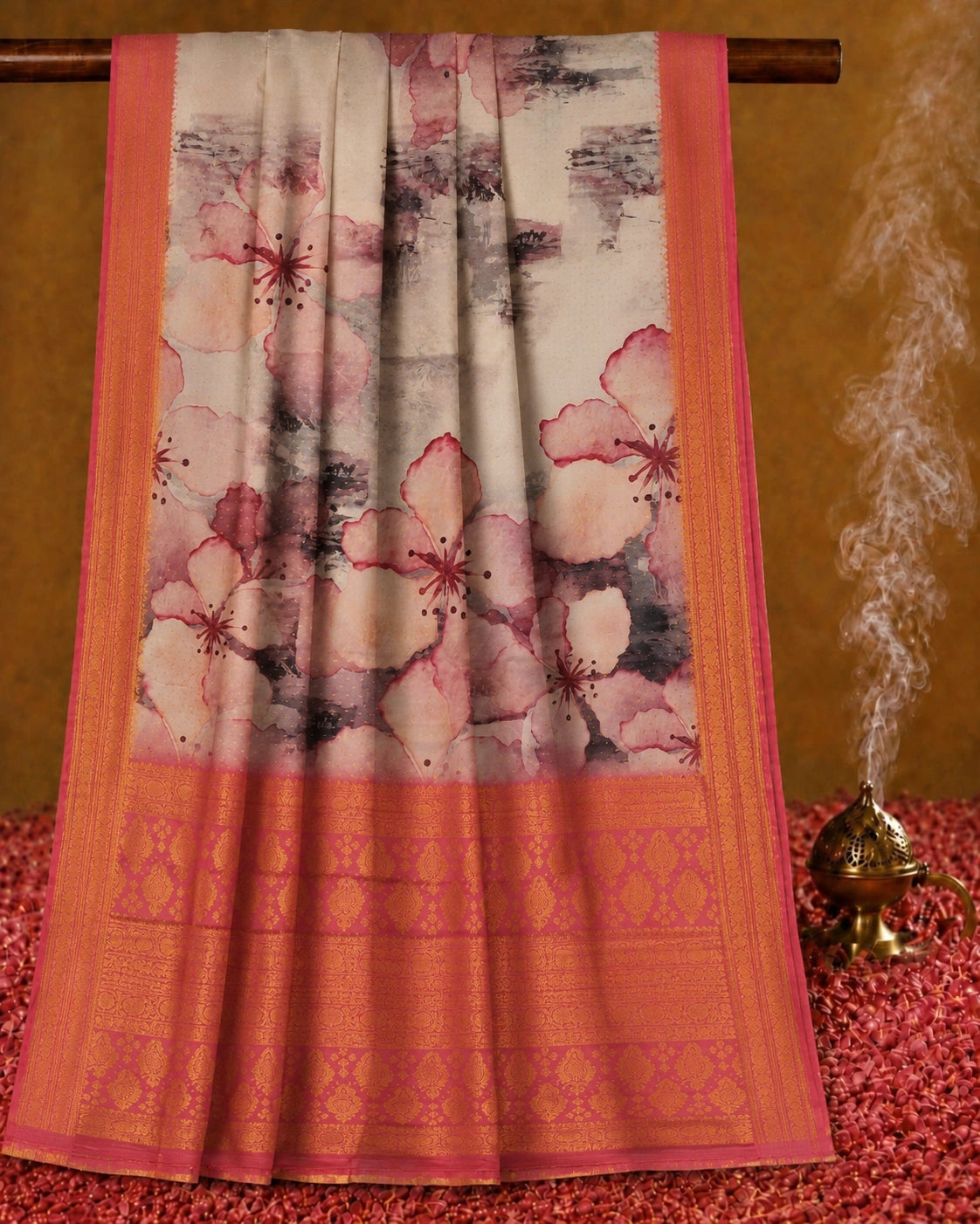 Peach Floral Digital Print Georgette Crepe Silk Saree with Coral Zari Border