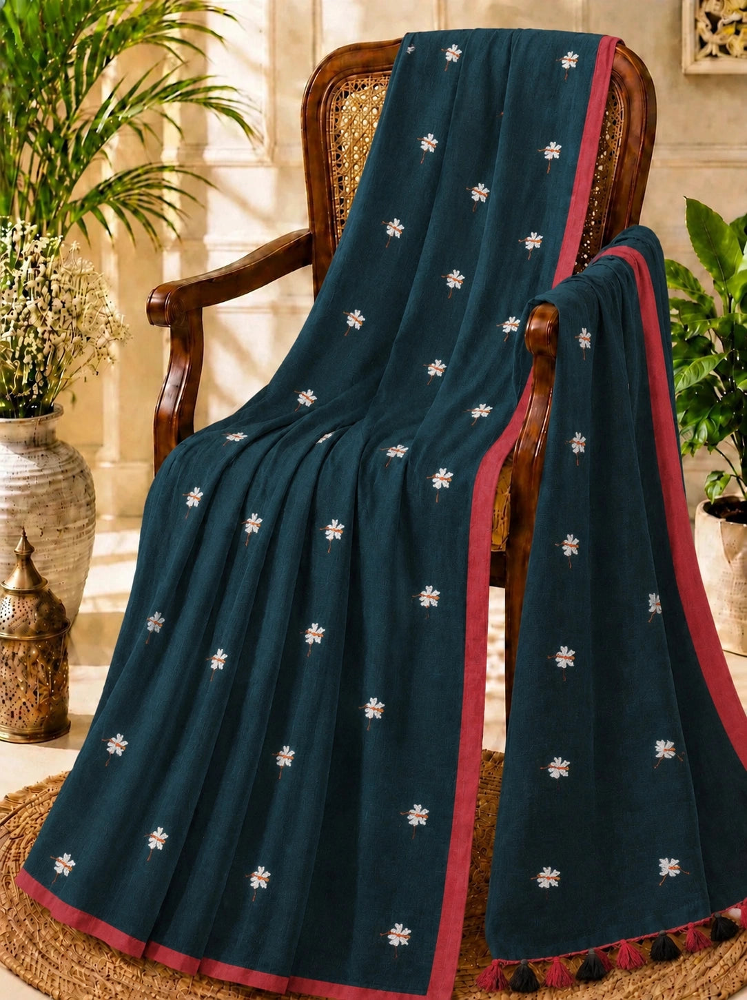Deep Teal Cotton Handloom Saree with Floral Buti Motifs, Maroon Border & Tassel Pallu