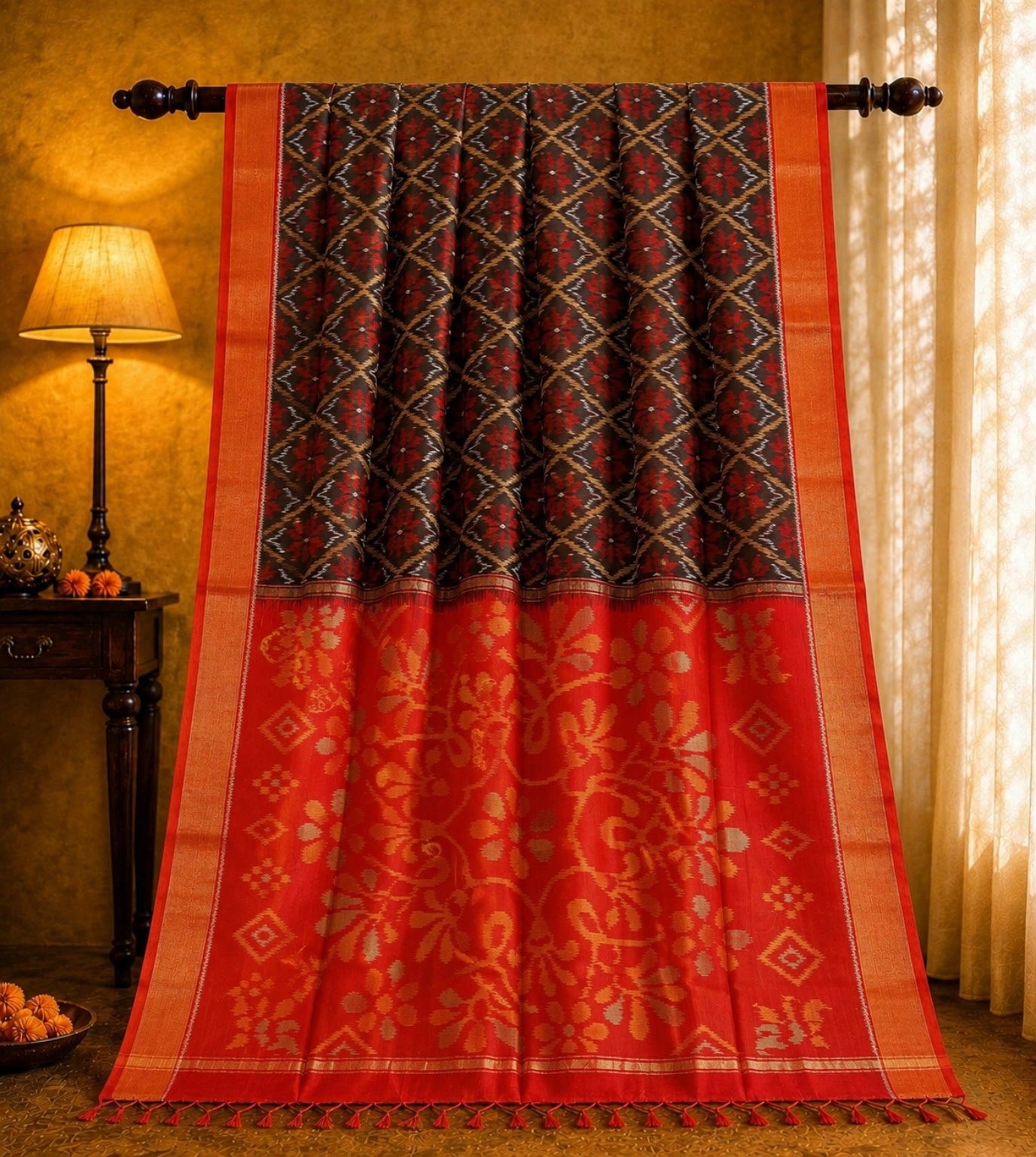 Red & Black Pure Sico Pochampally Saree with Floral Pallu and Ikat Diamond Weave