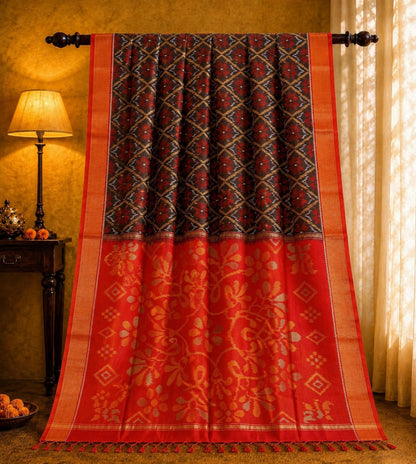 Red & Black Pure Sico Pochampally Saree with Floral Pallu and Ikat Diamond Weave