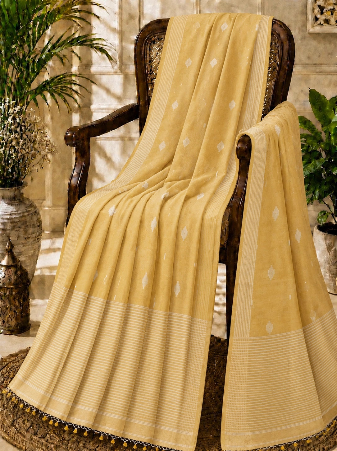 Mustard Yellow Pure Mul Cotton Hand Weaving Jamdani Buta Saree with White Woven Motifs