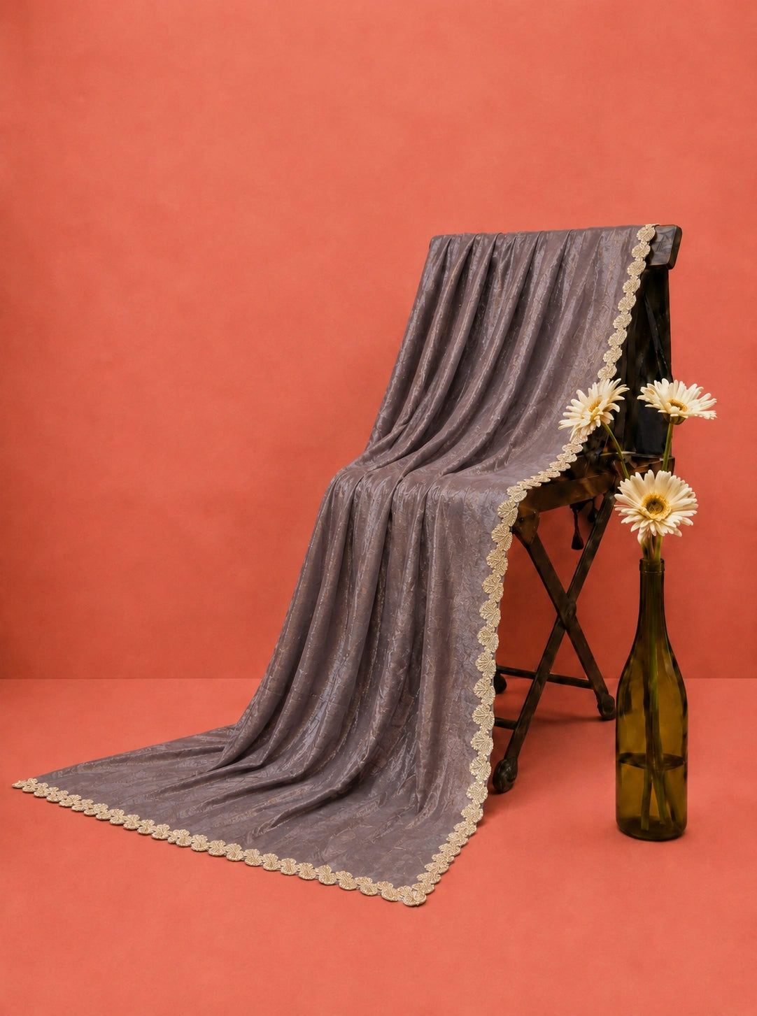 Mauve Fandy Satin Saree with Floral Lace Border Designer Party Wear Saree