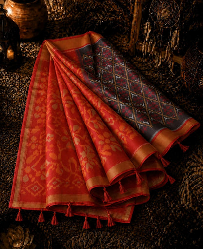 Red & Black Pure Sico Pochampally Saree with Floral Pallu and Ikat Diamond Weave