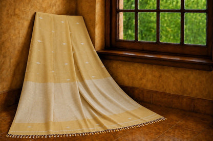 light brown pure Mul Cotton Hand Weaving Jamdani Buta Saree with White Woven Striped Pallu