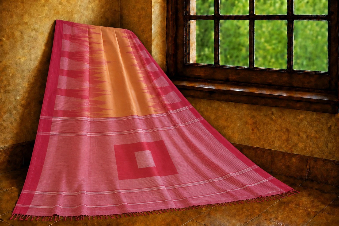 Peach Pink Handloom Ikkat Saree with Geometric Border Design