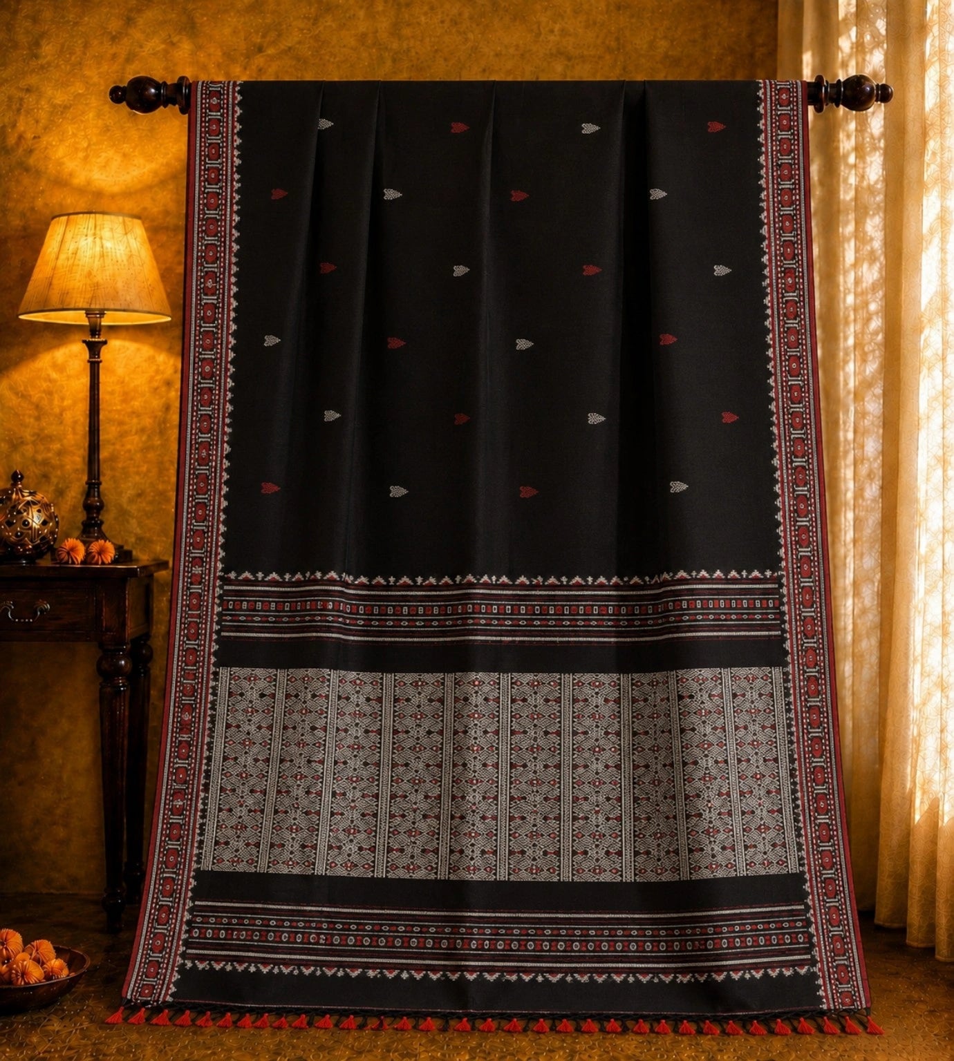 Black Dongiya Khadi Saree with Traditional Woven Border & Tribal-Inspired Pallu Design