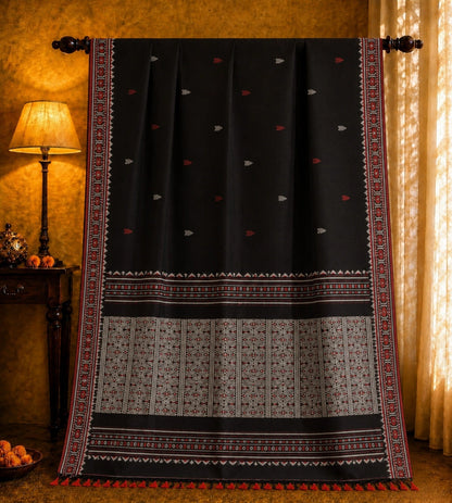 Black Dongiya Khadi Saree with Traditional Woven Border & Tribal-Inspired Pallu Design