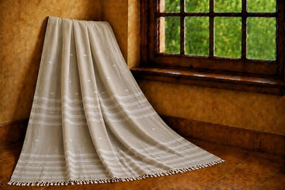 Beige Pure Mul Cotton Hand Weaving Jamdani Buta Saree with White Woven Stripes