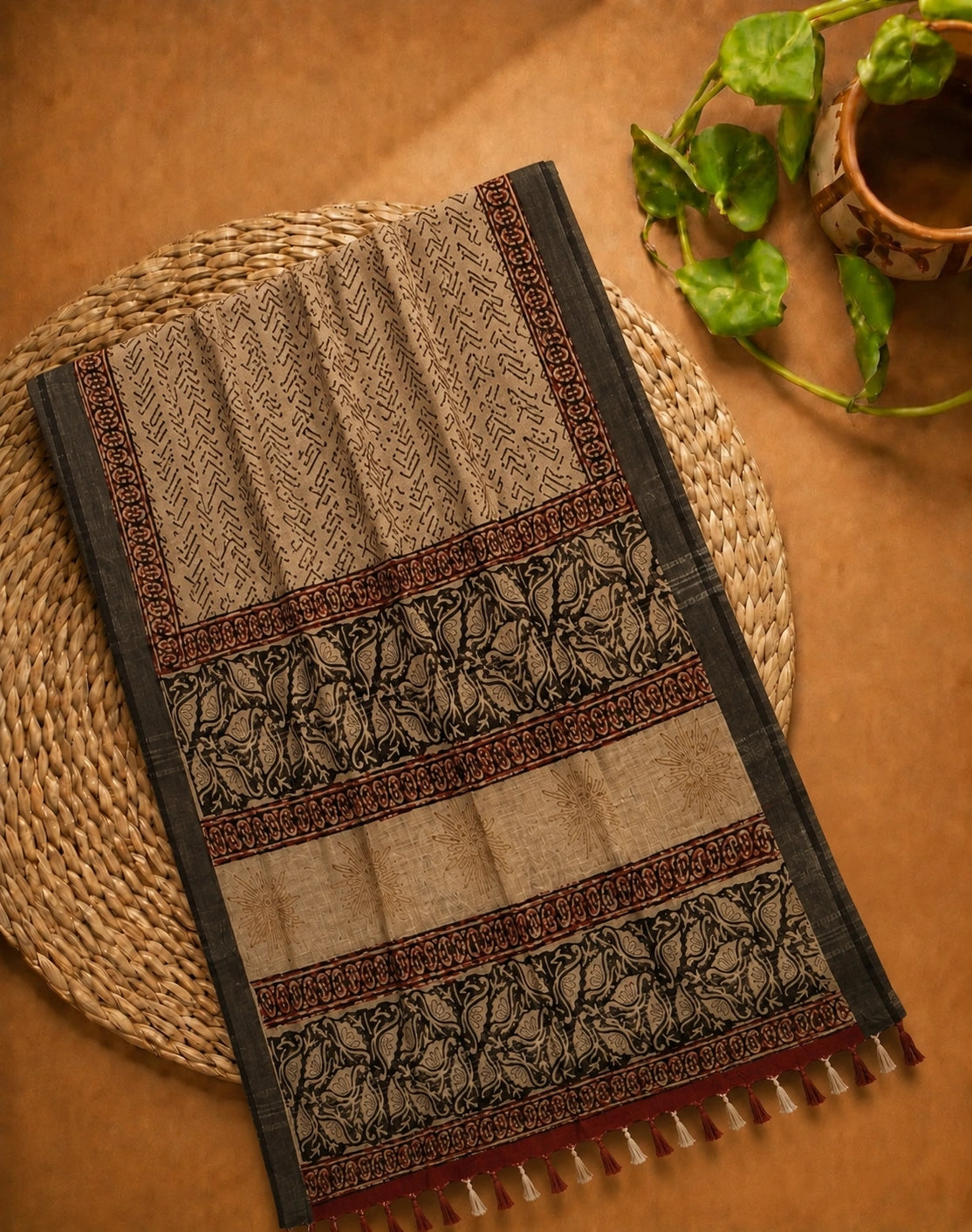 Beige Linen Kalamkari Saree with Tribal Print Body & Artistic Floral Border