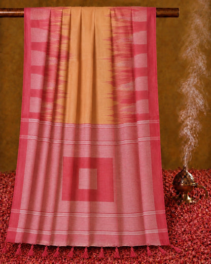 Peach Pink Handloom Ikkat Saree with Geometric Border Design