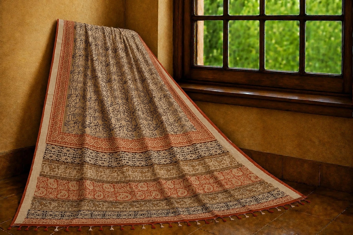 Beige Linen Kalamkari Saree with Tribal Art Print, Paisley Border & Tassel Pallu