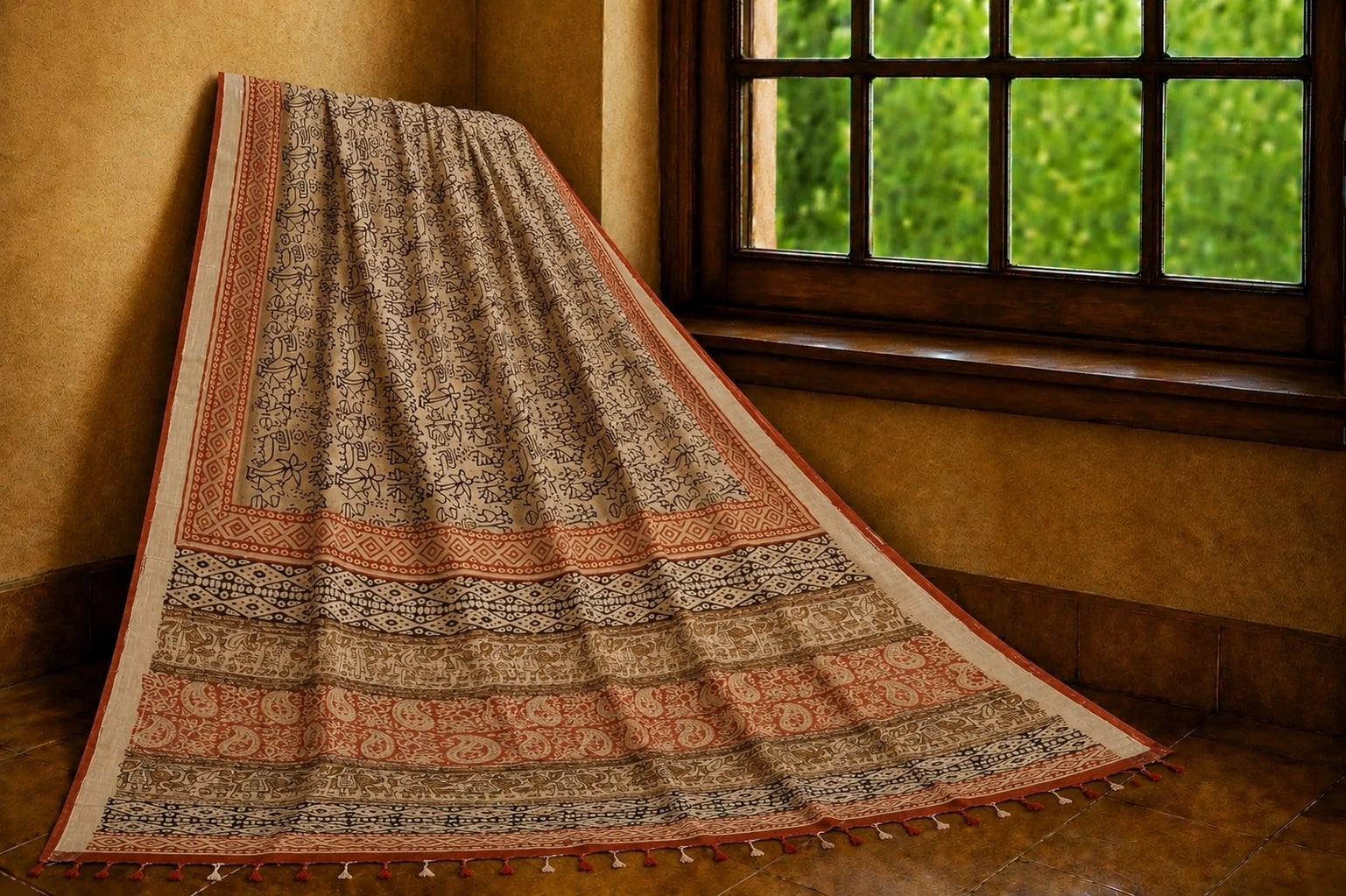 Beige Linen Kalamkari Saree with Tribal Art Print, Paisley Border & Tassel Pallu