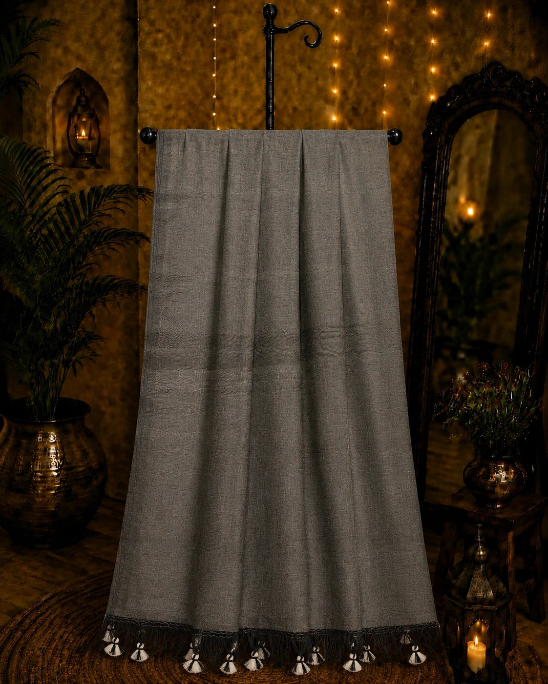 Charcoal Grey Plain Khadi Saree with Black Border and Handcrafted Tassel Pallu