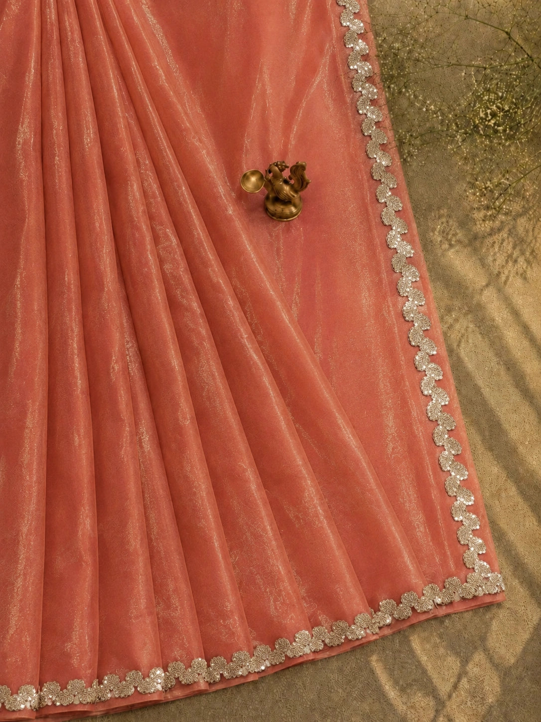 Peach Fandy Satin Saree with Embellished Floral Border Party Wear Saree