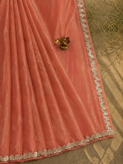 Peach Fandy Satin Saree with Embellished Floral Border Party Wear Saree