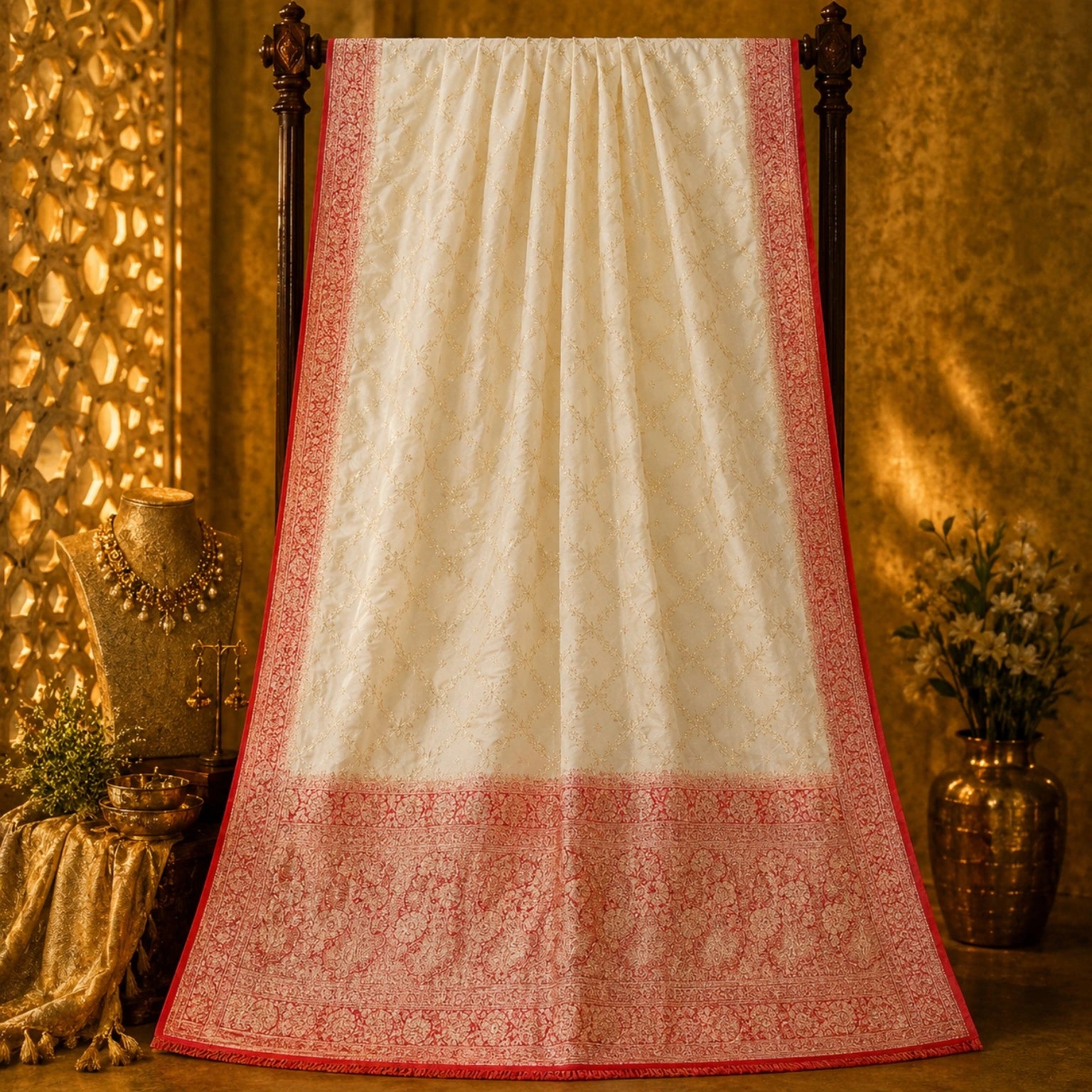 Ivory White Pure Mashru Silk Banarasi Saree with Red Woven Floral Border