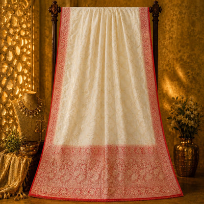 Ivory White Pure Mashru Silk Banarasi Saree with Red Woven Floral Border