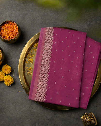 Magenta Fandy Silk Designer Saree with Silver Zigzag Border and Buti Work