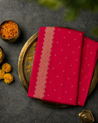 Rani Pink Fandy Buta Saree with Gold Zigzag Border and Buti Work