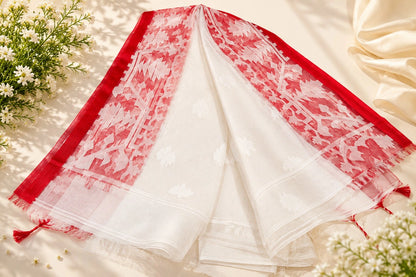 White Muslin Saree with Red Jamdani Inspired Woven Border & Buti Design